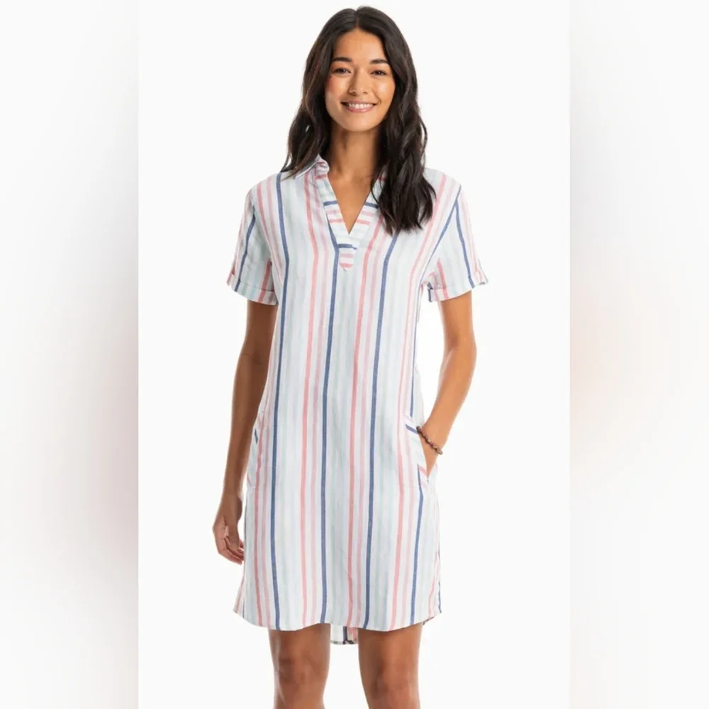 SOUTHERN TIDE KAMRYN STRIPED SHIRT DRESS CLASSIC WHITE - Picture 1 of 9